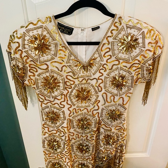 EUC Vintage Mark & John by Sam Pure Silk Cocktail Dress w/ Beaded Fringe - Picture 5 of 14